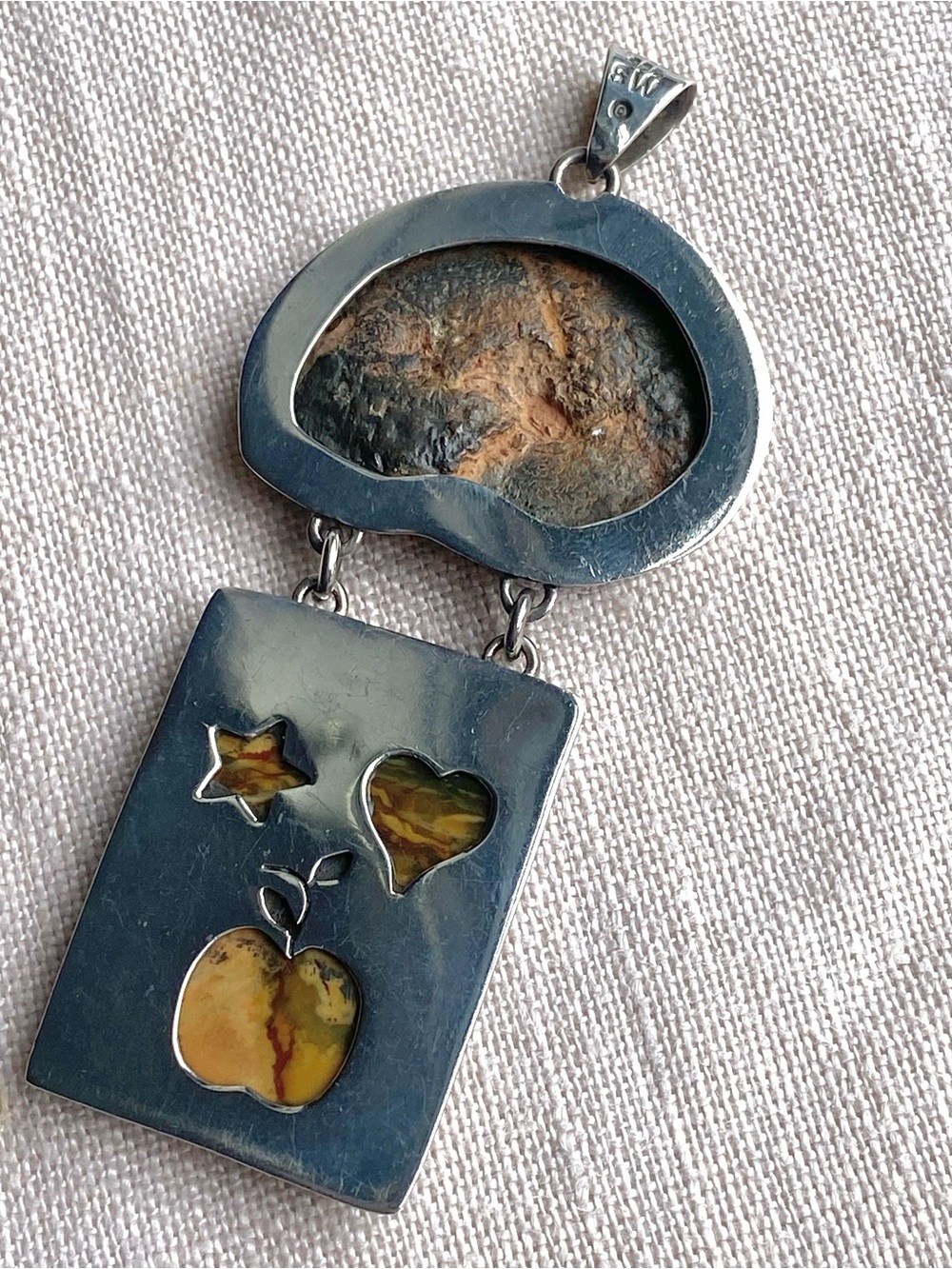 Vintage Mexico Sterling Silver Ammonite Jasper Pendant Brown Yellow Bezel Charm - Picture 5 of 7